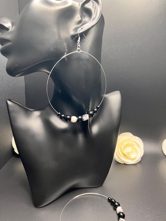 Black and White Large Hoop Earrings, Urban Statement Hoops, Large Hoop Earrings, Fashion Jewelry, Urban Style