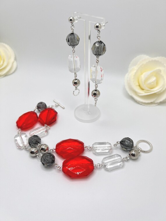 Red Beaded Bracelet Set, 2 pc Beaded Bracelet Set, Avant Garde Jewelry, Boho Jewelry, Statement Bracelet and Earring Set