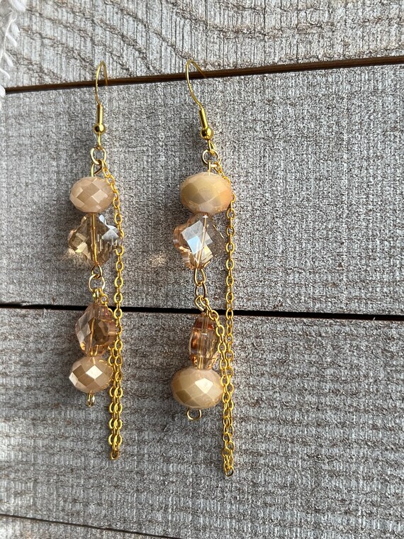 Beige Glass Dangle Earrings, Elegant Beaded Earrings, Statement Earrings, Gift For Her, Fashion Jewelry, Party Accessory