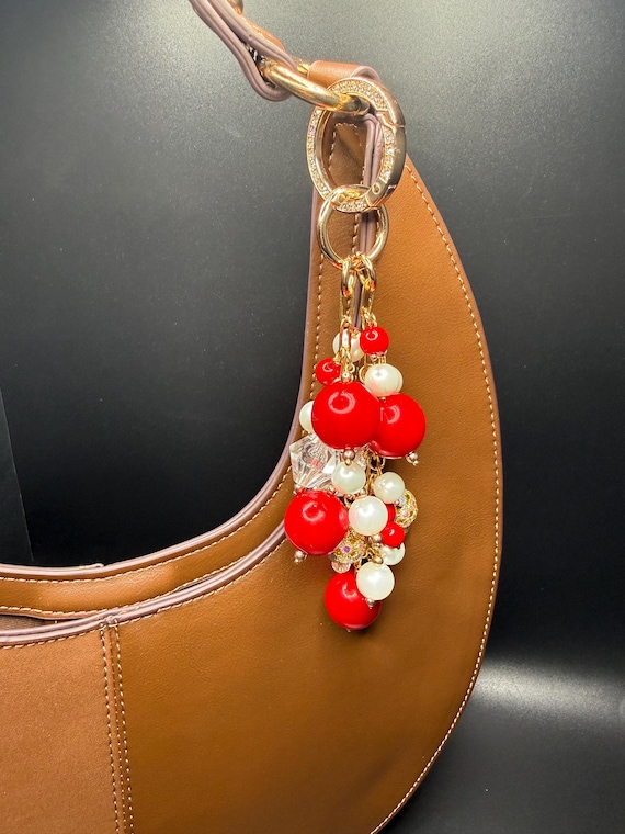 Red and White Pearl Beaded Purse Bracelet with Bling “O” ring