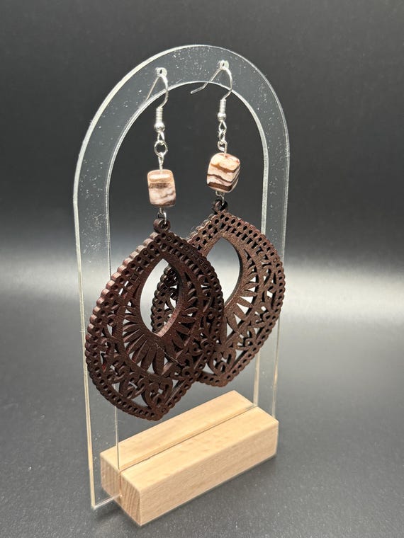 Brown Wood Teardrop Earrings, Wood Earrings with Marble Beads, Large Teardrop Earrings, Wood Earring Gift