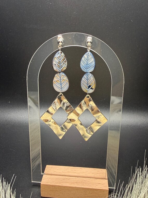 Antique Silver Diamond Shaped Pendant Hoops with Blue Leaf Stone Accent Beads Post Earrings
