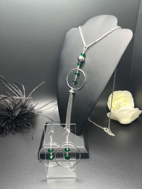 Silver Pendant Necklace Set, Silver and Green Pendant, Necklace and Earring Set, Boho Necklace Set, Jewelry Gift