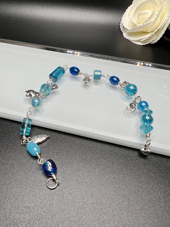 Silver Charm Bracelet, Blue Beaded Charm Bracelet, Silver Charm Bracelet, Gift For Her, Blue and Silver Charm Bracelet