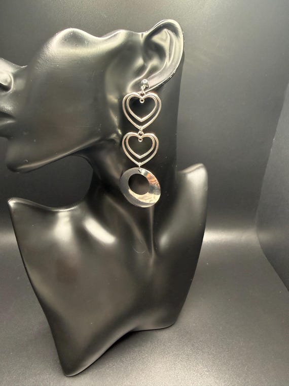 Triple open heart earrings, silver long dangle with open circle, post back