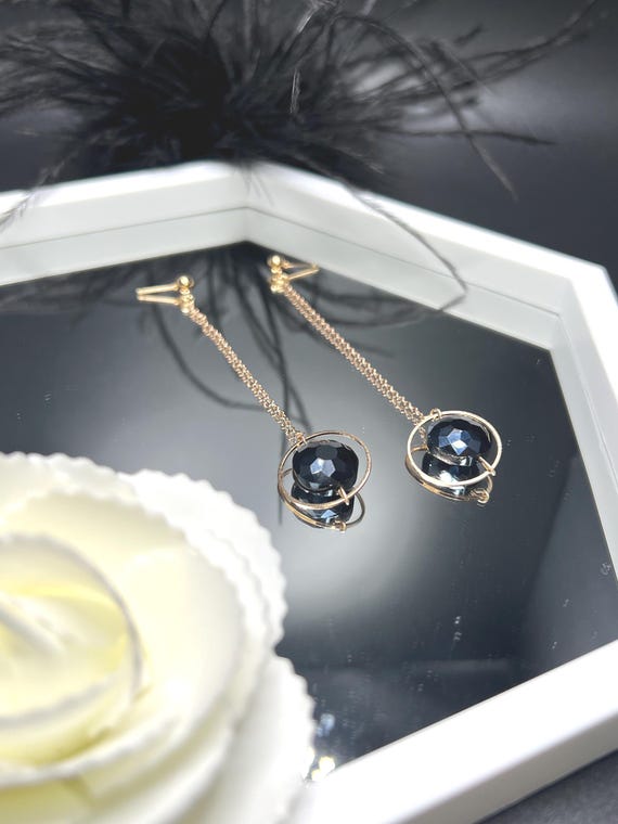 Blue Earrings, Blue and Gold Long Drop Earrings, Bridal Jewelry, Prom Jewelry, Blue and Gold Earrings