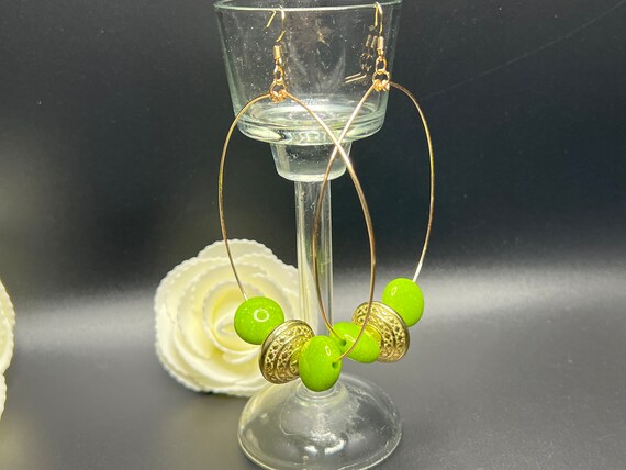 Green Beaded Large Hoop Earrings, Gold and Green Hoops, Statement Hoops, Gold Earrings, Fashion Jewelry, Gift