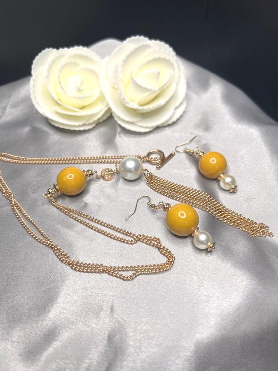 Tree of Life Charm Pendant Necklace Set, Yellow Pendant Necklace Set, Long Necklace Set, Gift for Her