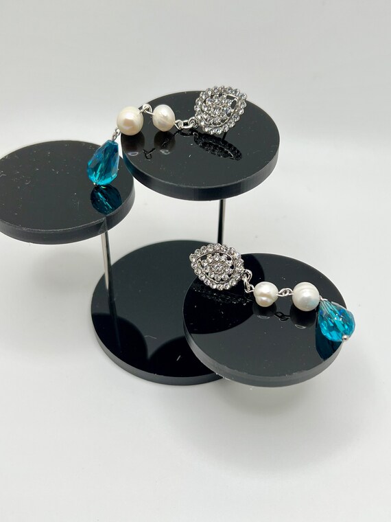 Teal and Silver Bling Bridal Earrings, Wedding Jewelry, Pearl Bridal Earrings, Black Tie Ready, Prom Jewelry