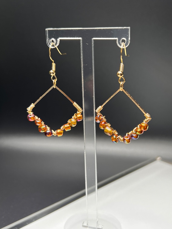 Gold Beaded Earrings, Diagonal Beaded Jewelry, Geometric Earrings, Hoop Earrings, Gift For Her, Beaded Fashion