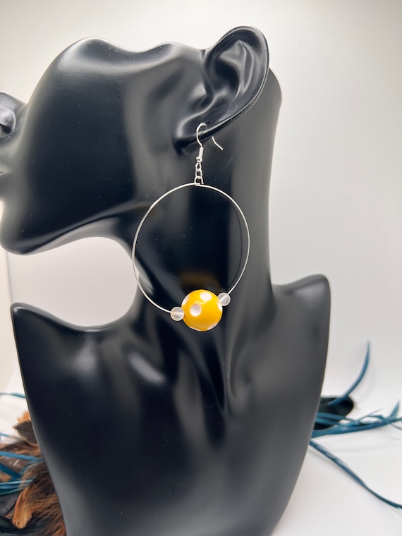 Yellow Polka Dot Gumball Beaded Hoops, Modern Hoop Earrings, Black and White Hoop Earrings, Large Beaded Hoop, Boho Earrings