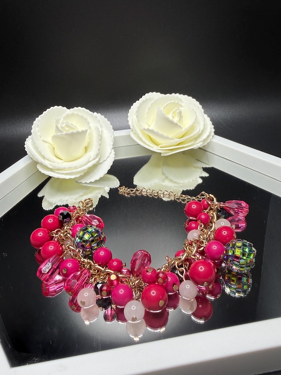 Mirror Ball Rainbow and Pink Beaded Bracelet with Lobster Clasp