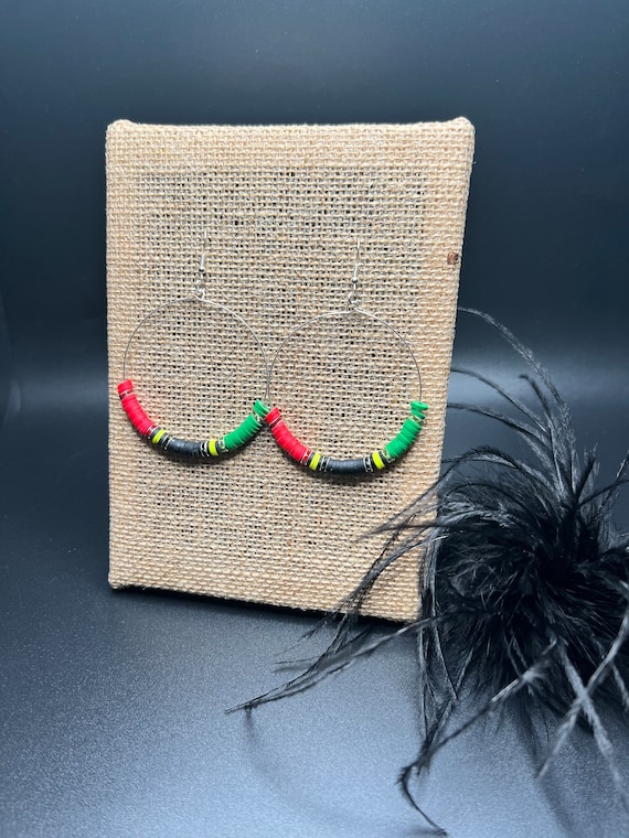 Red Black Green and Yellow Heishi Beaded Hoop Earrings with Bling Spacers