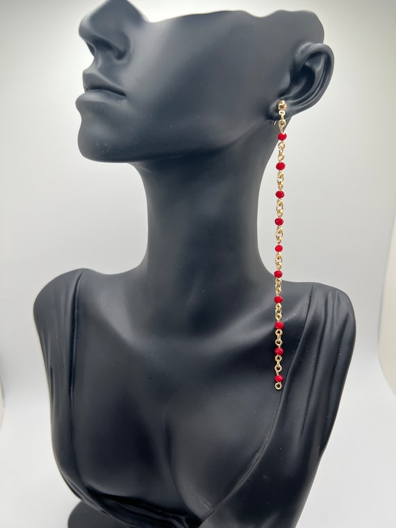 Long Red Bead Earrings, Red and Gold Dangle Earrings, Beaded Jewelry, Statement Earrings, Handmade Gift