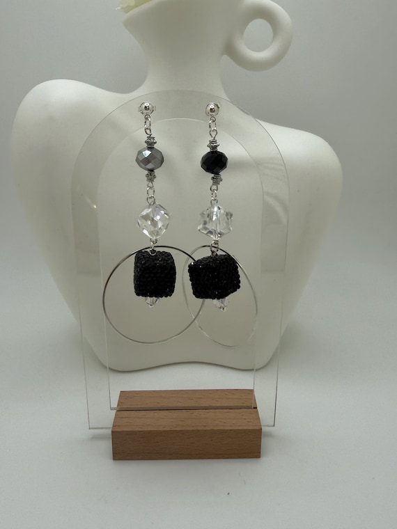 Black and Silver Elegant  Hoop Beaded Earrings