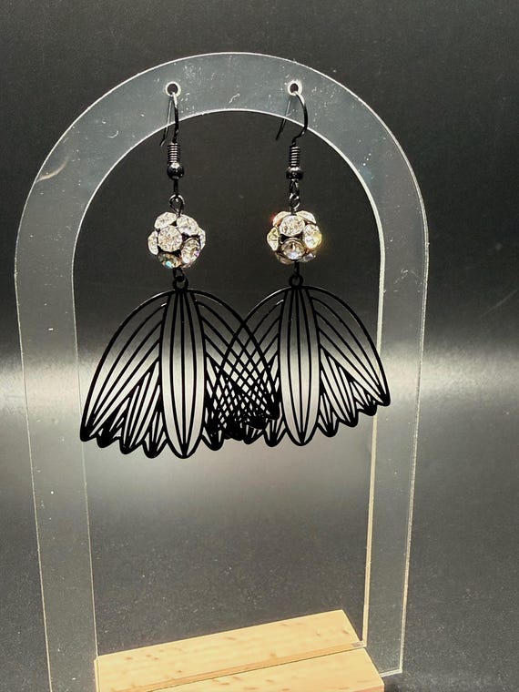 Black Flower with Bling Bead Drop Earrings