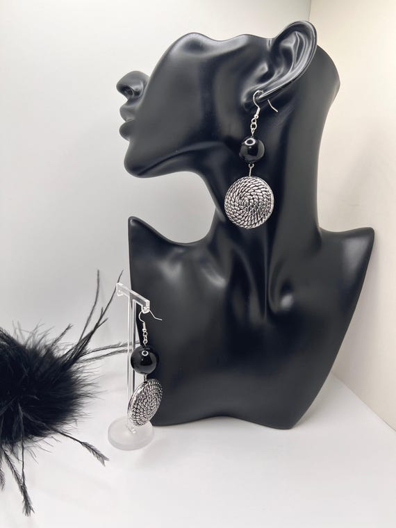 Black and Silver Medallion Earrings, Statement Earrings, Black Earrings, Silver Jewelry, Party Accessories, Gift for Her