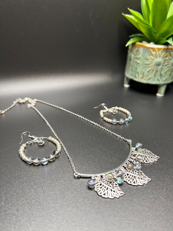 Silver Leaf Necklace Set, Pendant Necklace with Hoop Earrings, Leaf Jewelry Gift, Nature Inspired, Gift for Her