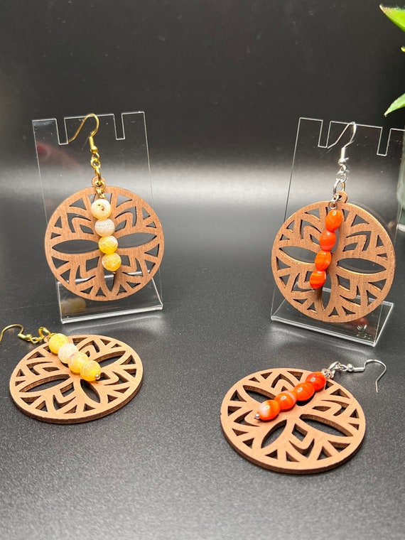 Wood Glass Beaded Earrings, Urban Wood Jewelry, Circle Earrings, Wood Earrings, Jewelry Gift, Trendy Style