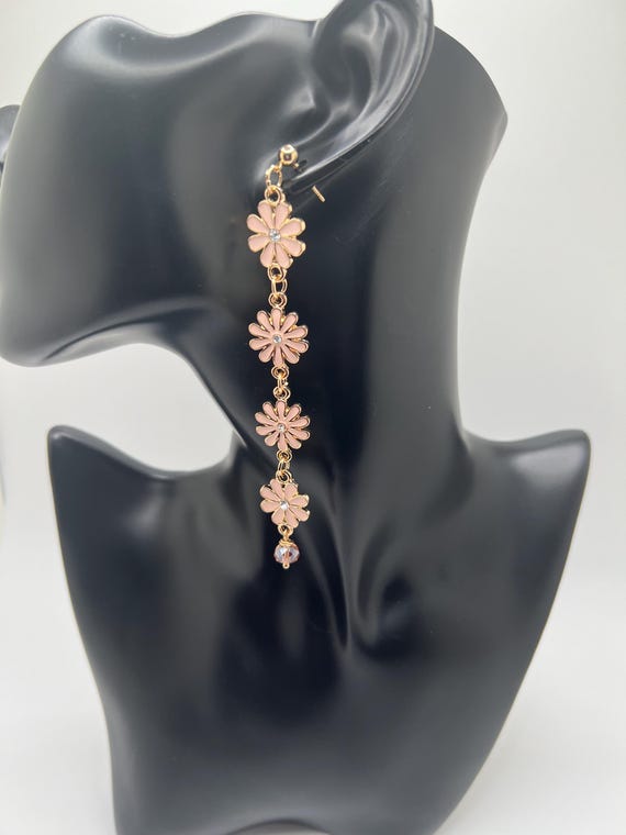 Pink Flower Earrings, Long Pink Earrings, Statement Jewelry, Pink Bridal Earrings, Flower Prom Jewelry, Pink Flower Jewelry