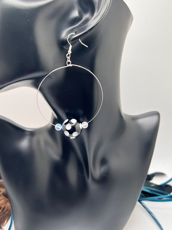 Polka Dot Gumball Beaded Hoops, Modern Hoop Earrings, Black and White Hoop Earrings, Large Beaded Hoop, Boho Earrings