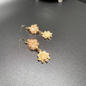 Gold Flower Charm and Crystal Earrings, Elegant Gold Earrings, Avant Garde Jewelry, Gold Flower Charm Earrings
