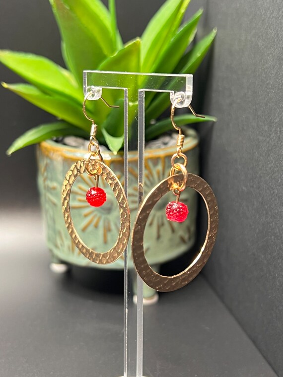 Red Bead Gold Textured Hoops, Bold Earrings, Statement Jewelry, Gift For Her, Red Bead Jewelry, Party Hoops