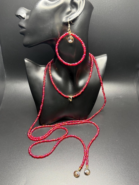 Red Iridescent Long Seed Bead Necklace and Hoop Earring Set
