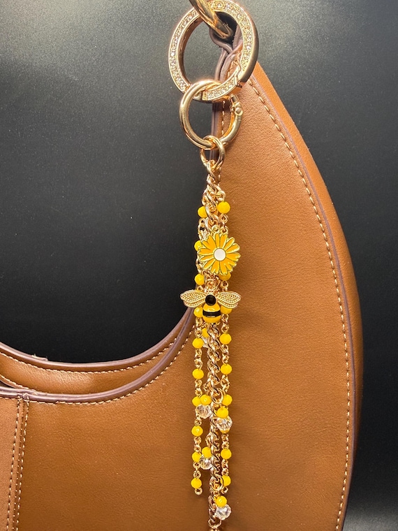 Bees and Flowers Yellow Beaded Purse Charm Accessories with Bling O Ring Clasp
