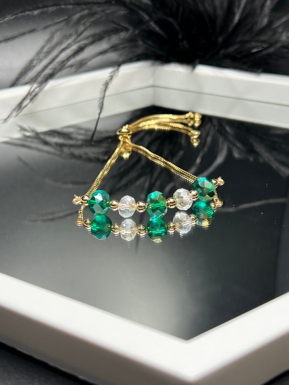 Green Beaded Bracelet, Crystal Beaded Bracelet, Boho Jewelry, Handmade Bracelet, Beaded Jewelry, Gift for Her