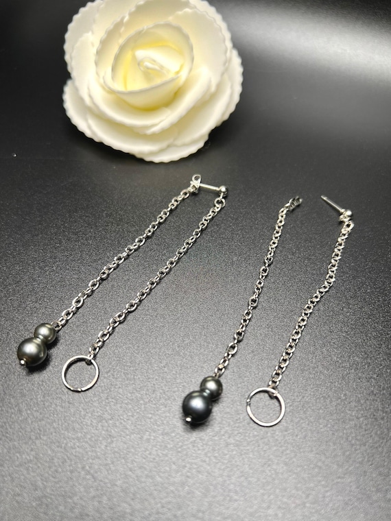 Grey Pearl Long Earrings, Double Chain Long Earrings, Pearl Earrings, Boho Jewelry, Bridal Jewelry, Prom Jewelry