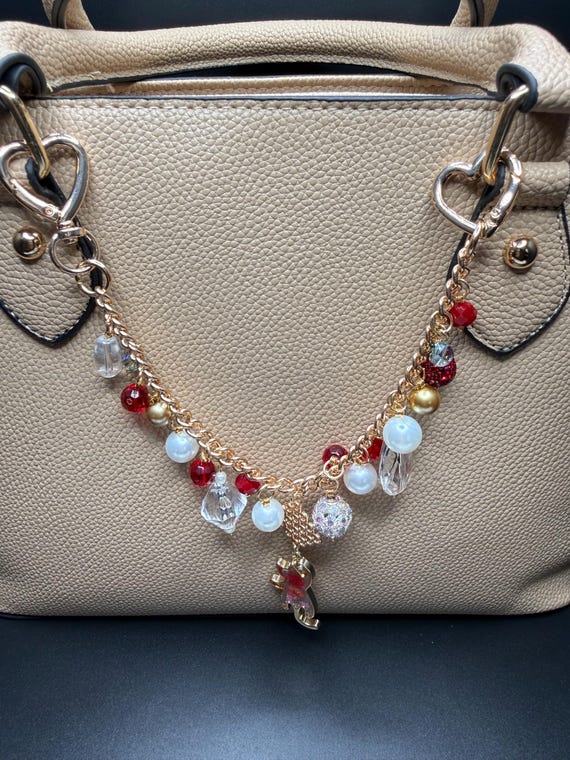White Red and Gold Beaded Cat Charm Purse Bracelet with Heart Toggle Clasps