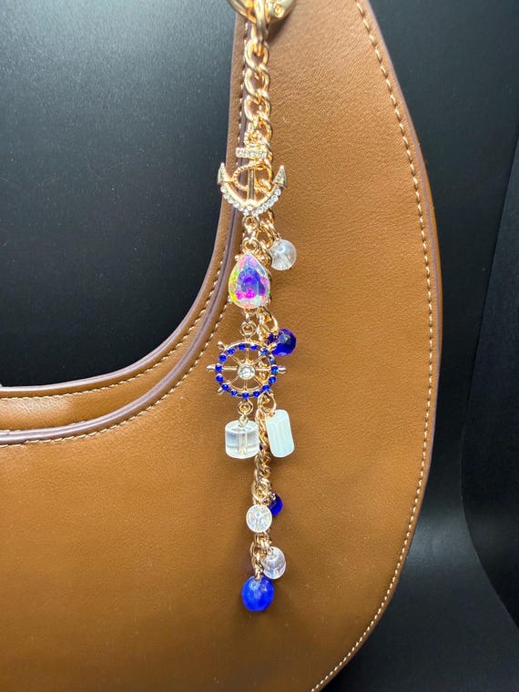 Nautical Blue Purse Charm Jewelry with Anchor and Wheel with Bling O ring