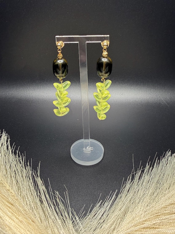 Czech Glass Yellow Beaded Earrings, Long Drop Dangle, Gold Accents