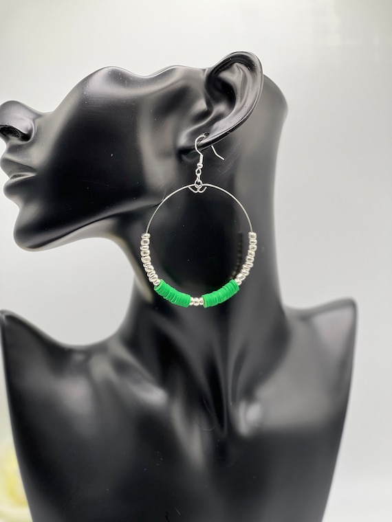 Silver and Green Beaded Hoop Earrings, Silver Hoop Earrings, Green Beaded Earrings, Silver and Green Earrings, Gift