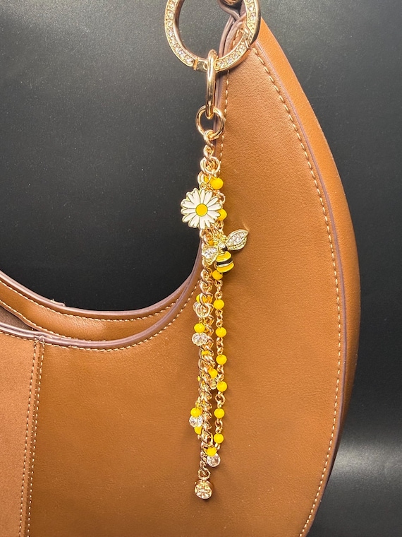 Bees and Flowers Yellow Beaded Purse Charm Accessories with Bling O Ring Clasp