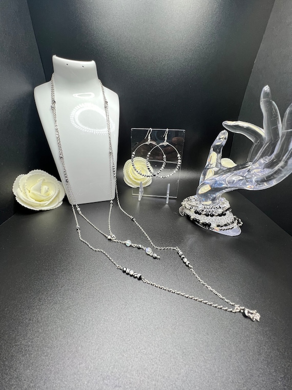 Black and White Beaded Necklace Set, Long Beaded Necklace Set, Coil Wrap Bracelet, Boho Jewelry Set, Gift for Her