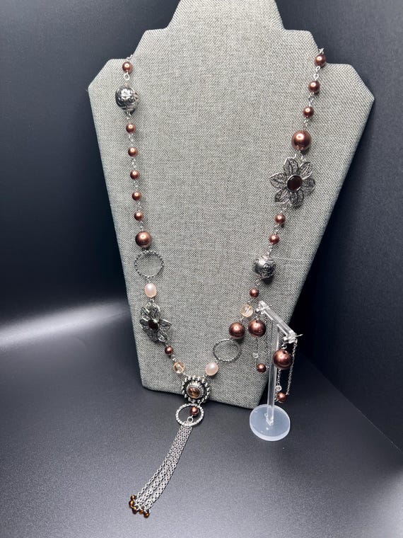 Silver and Brown Flower Pendant Long Necklace Set