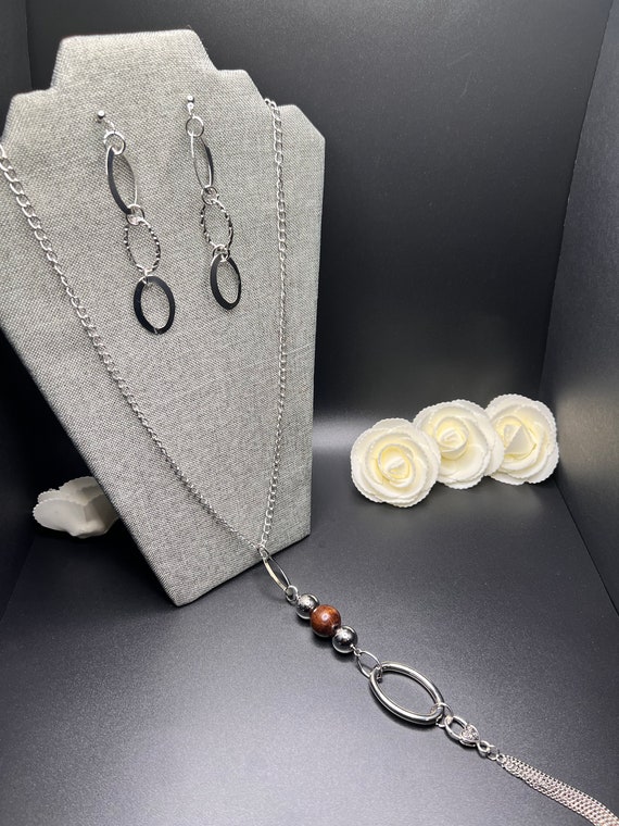 Brown Wood Pendant Necklace Set, Silver Jewelry, Wood Pendant Necklace, Pendant Necklace Set, Brown Jewelry