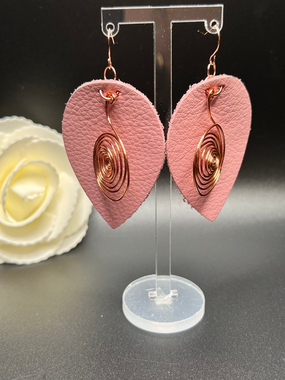 Pink Faux Leather Copper Spiral Earrings