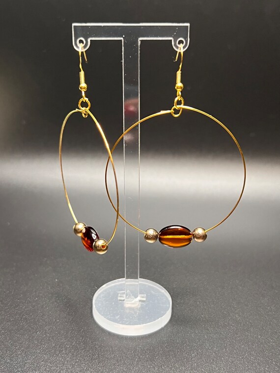 Gold Hoops with Brown Bead, Brown Hoop Earrings, Beaded Hoop Earrings, Modern Hoops, Everyday Jewelry