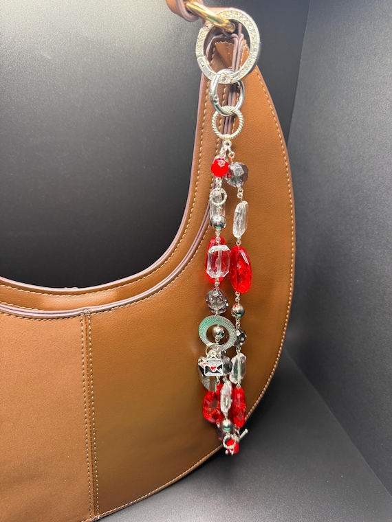 Silver Charms and Red Beaded Purse Bracelet with Toggle Clasp and Bling “O” ring