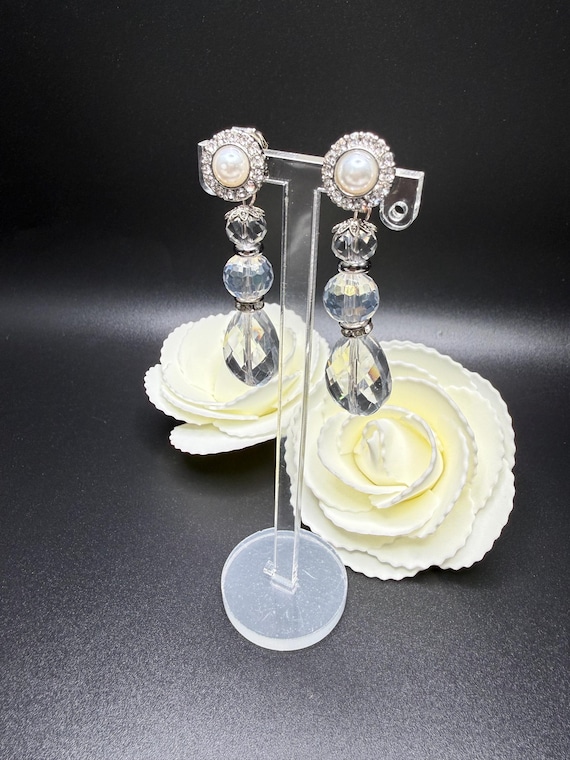 Pearl and Bling Clip On Crystal Earrings