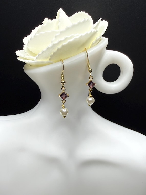 Amethyst Pearl Short Dangle Earrings