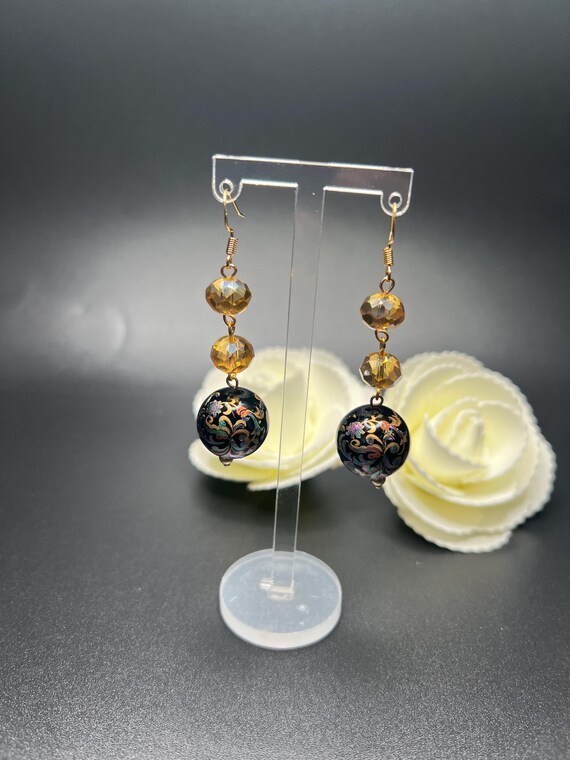 Paisley Design Earrings, Black and Gold Beaded Earrings, Black Earrings, Avant Garde Jewelry, Statement Earrings