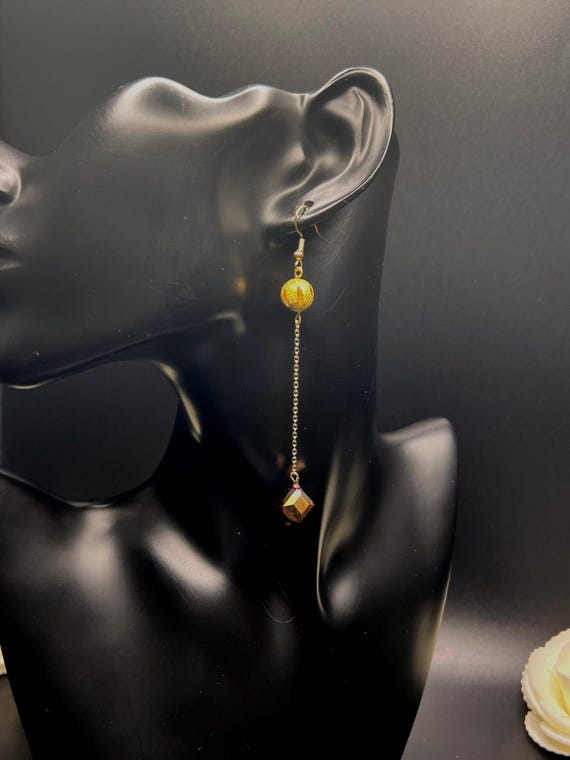 Gold Dangle Earrings, Elegant Bridal Jewelry, Gold Beaded Earrings, Cube Beaded Earrings, Prom Jewelry