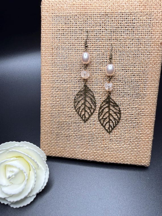 Bronze Leaf and Pink Glass Beads