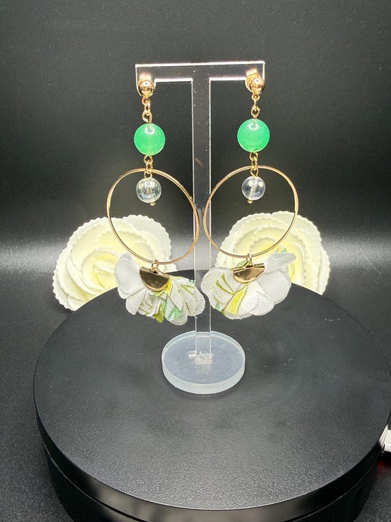 Green Floral Fabric and Green Beaded Hoop Earrings
