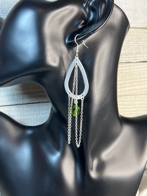 Silver and Green Beaded Hoop Earrings, Urban Jewelry, Everyday Earrings, Silver Hoops, Boho Earrings, Gift
