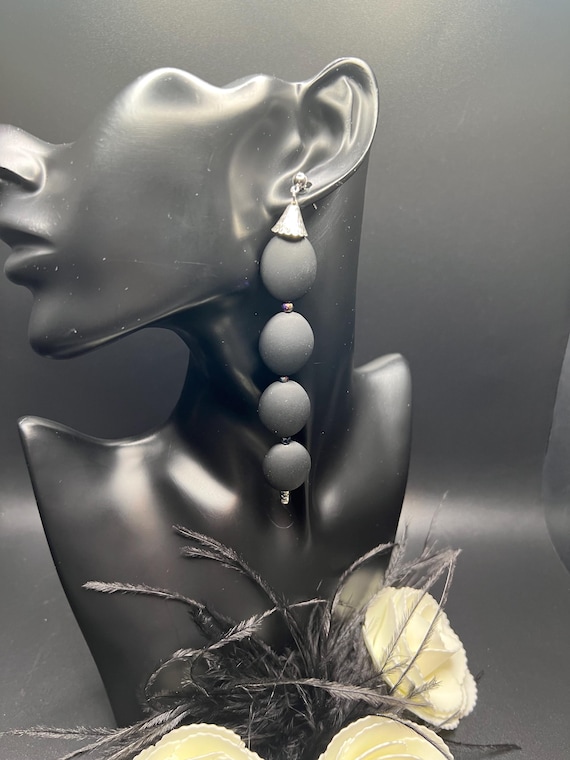 Matte Black Oval and Silver Long Earrings
